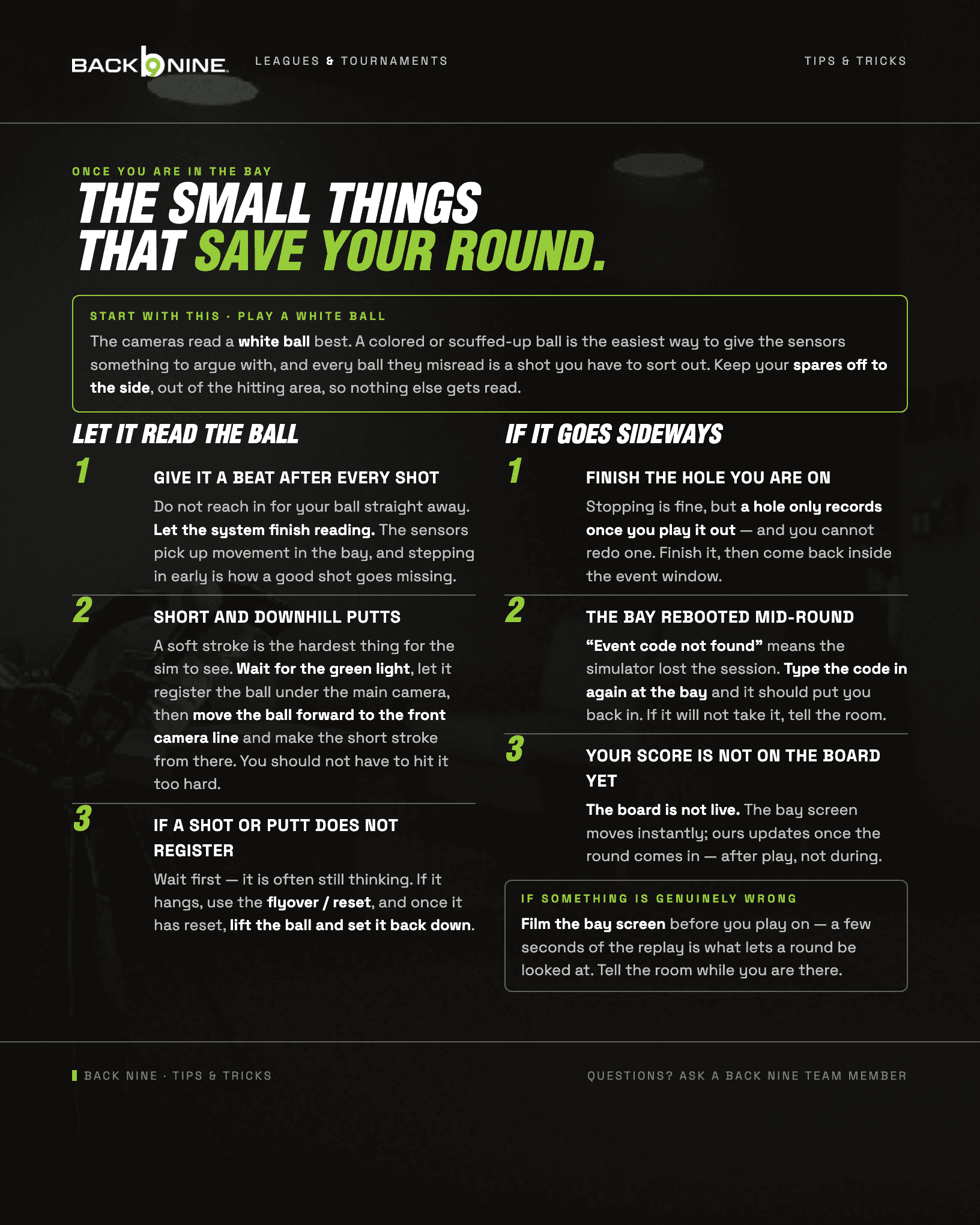 Back Nine “Tips and tricks” guide — one printed page on letting the sensors read your shots and what to do when a round goes sideways. The full text is written out below.
